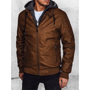 Tmavo hnedá koženková bunda s látkovou kapucňou TX4579 Veľkosť: XL