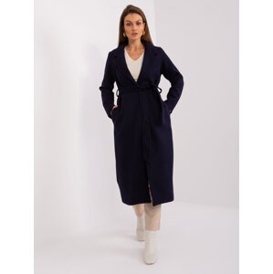 Tmavomodrý dlhý kabát s pásikom TW-PL-BI-5312-1.31-dark blue Veľkosť: M
