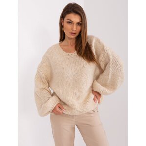 Svetlobéžový voľný pletený sveter s výstrihom do V LC-SW-3020.10P-light beige Veľkosť: ONE SIZE