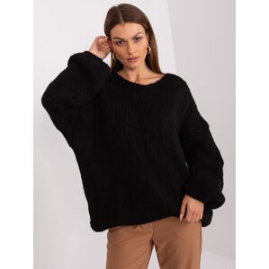 Čierny voľný pletený sveter s výstrihom do V LC-SW-3020.10P-black Veľkosť: ONE SIZE