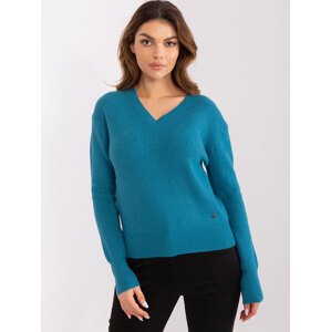 Modrý pletený sveter s výstrihom do V PM-SW-PM895.40P-blue sea Veľkosť: M/L