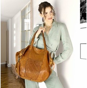 MARCO MAZZINI Karamelová kožená shopper bag s pletenou vsadkou (VS1b) Veľkosť: ONE SIZE