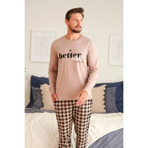 Béžové pánske pyžamo s kockovanými nohavicami Veľkosť: XL