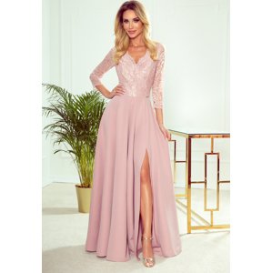 Elegantné ružové čipkované dlhé šaty s výstrihom ELISA 309-4 Veľkosť: XL