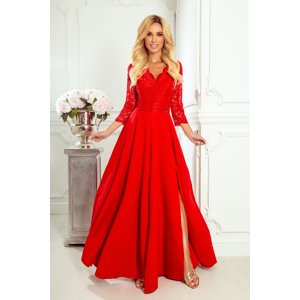 Elegantné červené čipkované dlhé šaty s výstrihom ELISA 309-3 Veľkosť: L