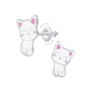 Klenoty Amber Strieborné náušnice na skrutku Mačička biela s ružovými uškami