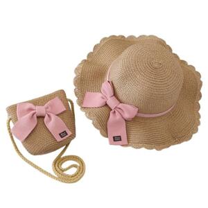 Slamená zostava detského klobúka a kabelky s ružovou mašľou