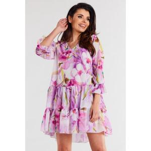 Fialové voľné kvetované šaty s volánmi